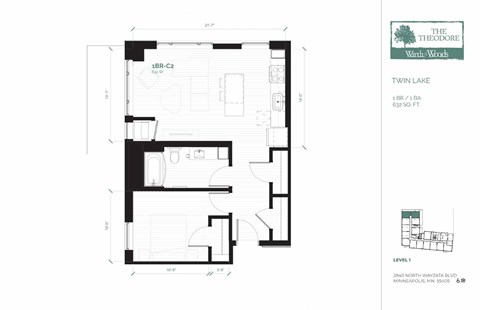 Floor plan for 1 bed, 1 bath, 632 sqft